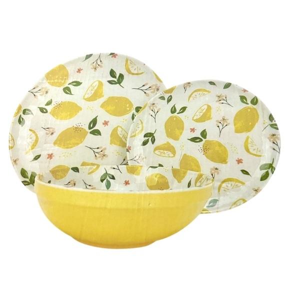 12 Piece Lemon Melamine Dinnerware Dish Set Dinner Plates Salad Plates Bowls New - Picture 2 of 8